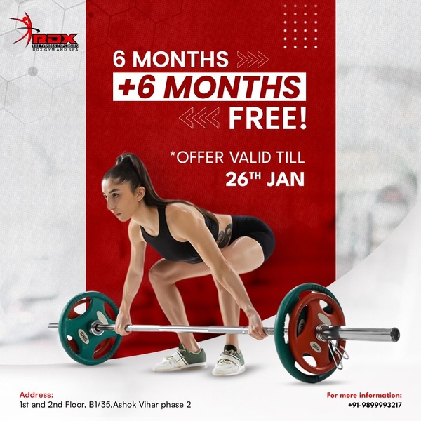 A high-contrast 1:1 square ad creative highlighting a gym membership promotion with a barbell-lifting athlete as the focal point.